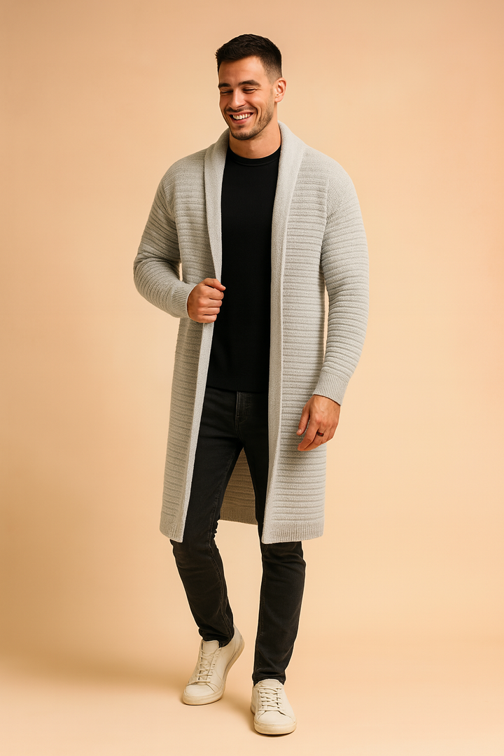 Longline men's stand-up collar cardigan. Elegant knitwear for sophisticated winter casual style & layering.