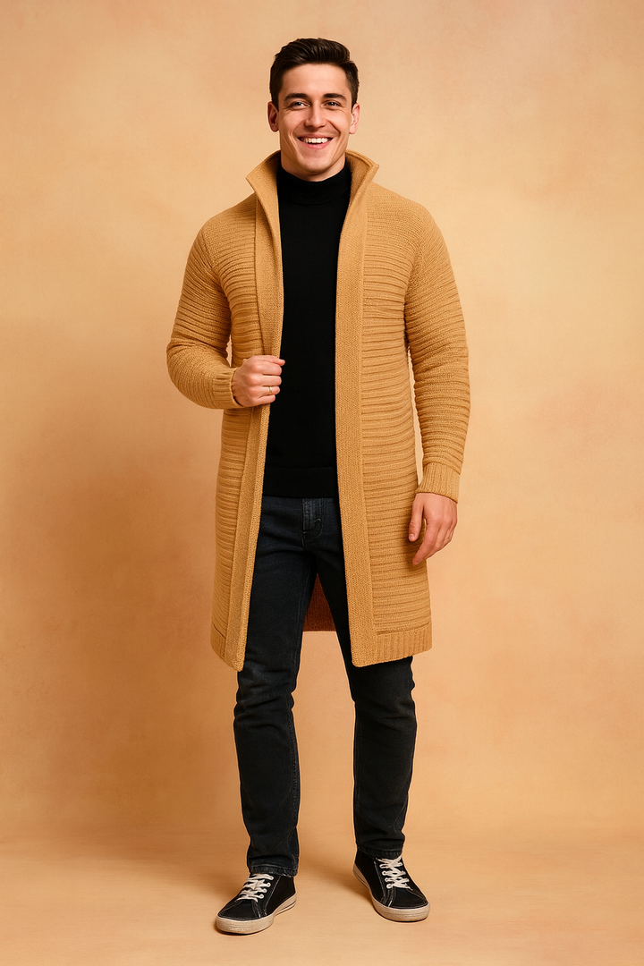 Stylish men's stand-up collar knit cardigan for warm & elegant winter layering. Comfortable and versatile knitwear.