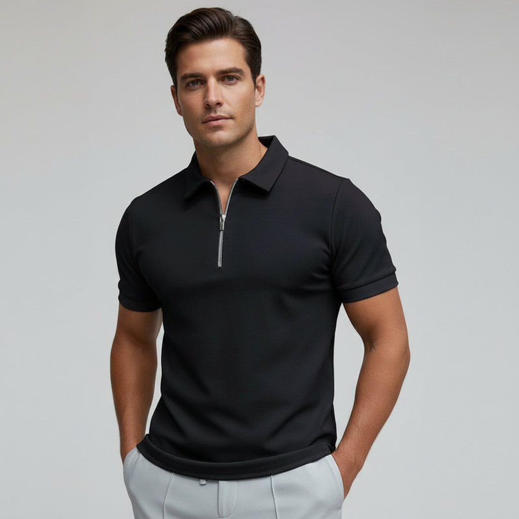 Men's fitted polo shirt with a modern zip collar, short sleeve design for a sharp look.