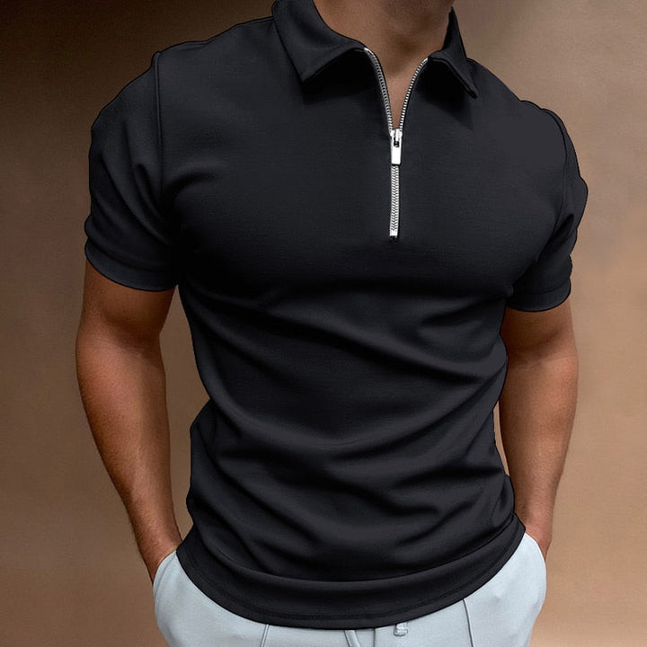 Smart casual men's fitted polo shirt with a contemporary zip collar, ideal for modern fashion.