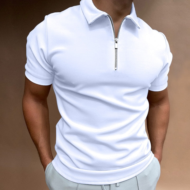 Modern men's fitted short sleeve polo shirt, featuring a sleek zip collar for a stylish update.