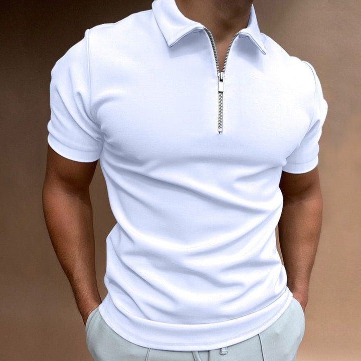 Modern men's fitted short sleeve polo shirt, featuring a sleek zip collar for a stylish update.
