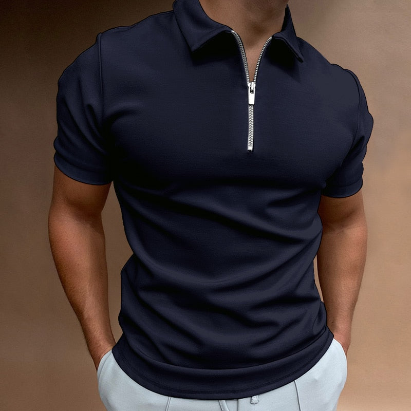 Versatile men's fitted polo shirt with a modern zip collar, perfect for smart casual and everyday wear.