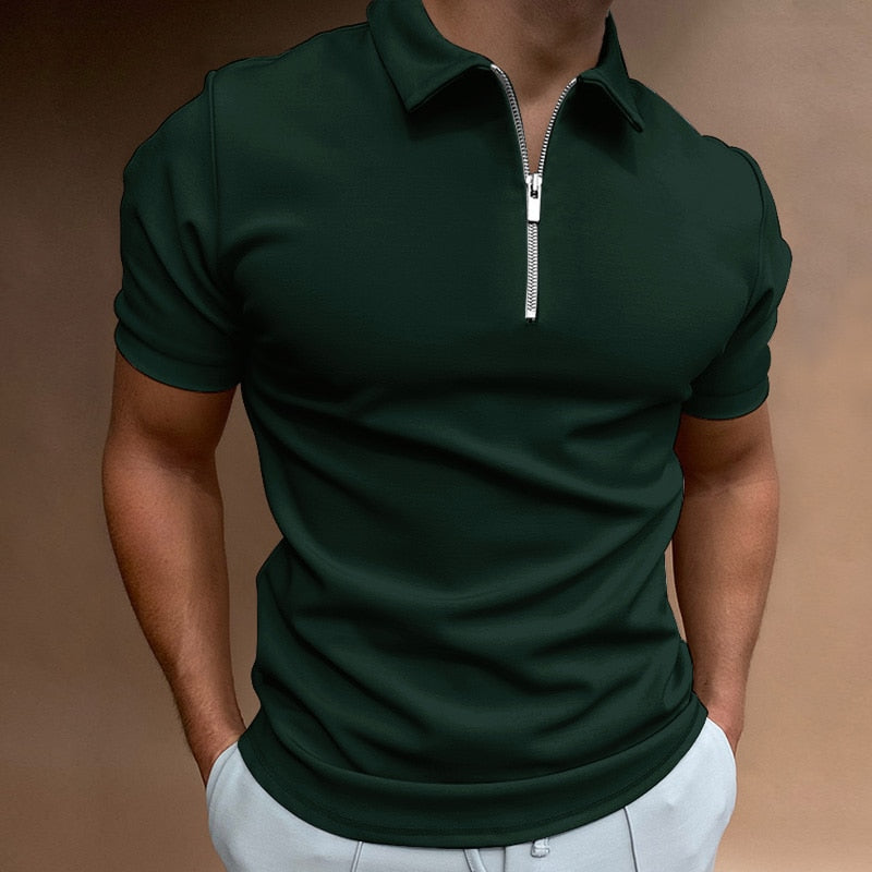 Comfortable men's fitted polo shirt, short sleeve, with a contemporary zip-up collar for a modern fit.
