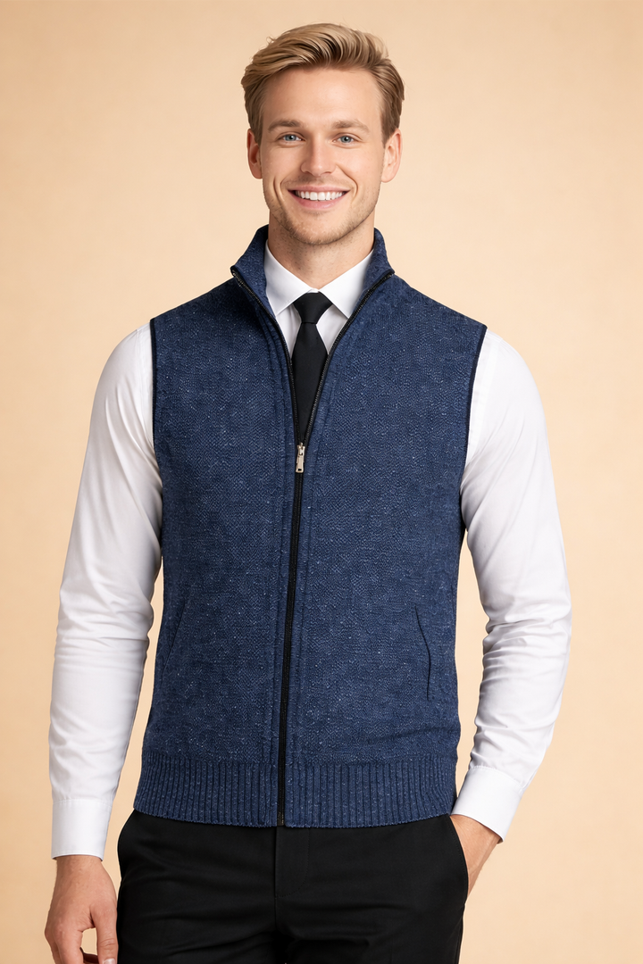 Men's full zip knit vest, smart casual tailored style for versatile layering. Essential men's fashion.
