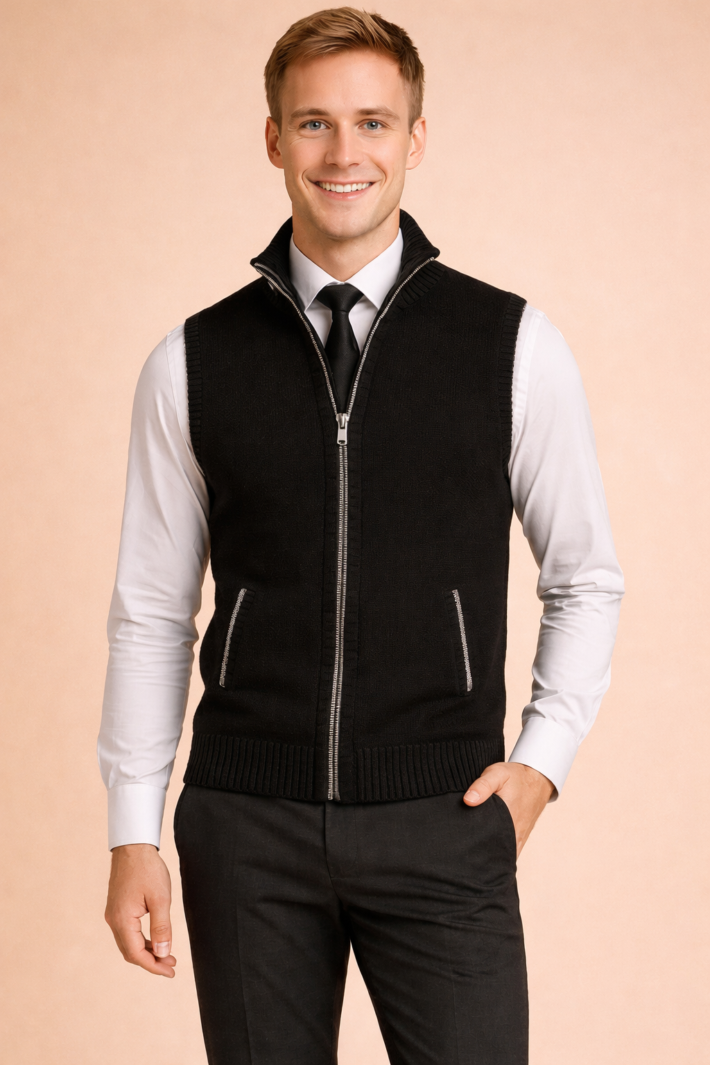 Sophisticated men's knit vest, full zip closure, offering smart casual tailored style. A key men's clothing item.
