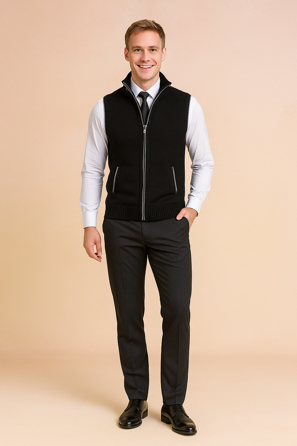 Smart casual men's full zip knit vest, a modern tailored layering piece. Essential for men's fashion outerwear.