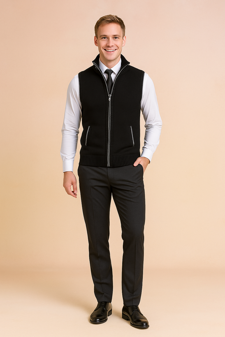 Smart casual men's full zip knit vest, a modern tailored layering piece. Essential for men's fashion outerwear.