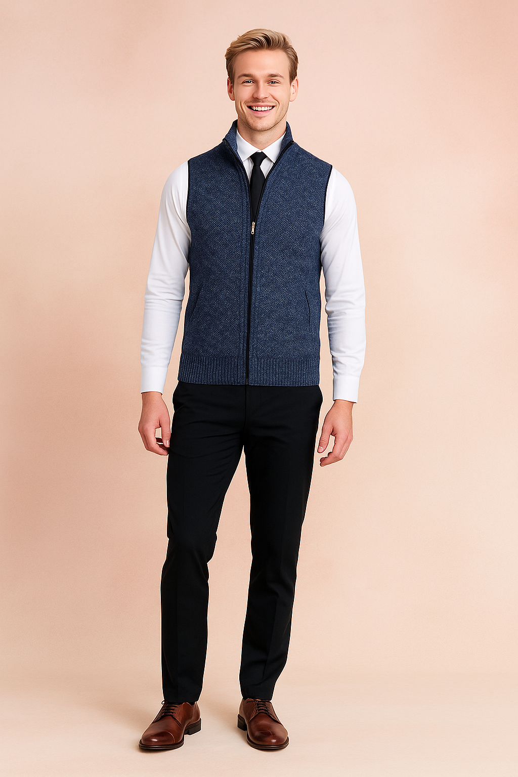Full zip men's knit vest designed for smart casual occasions. Tailored fit offers stylish layering in men's clothing.
