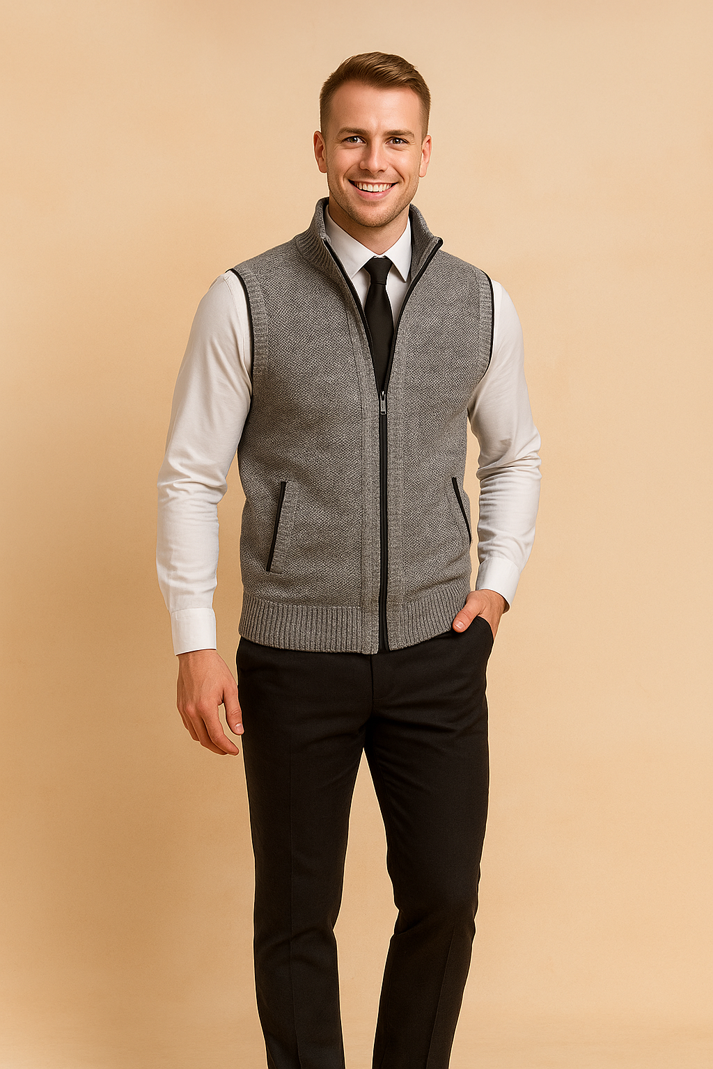 Comfortable men's knit vest, full zip, embodying smart casual tailored style. Great for versatile men's fashion layering.