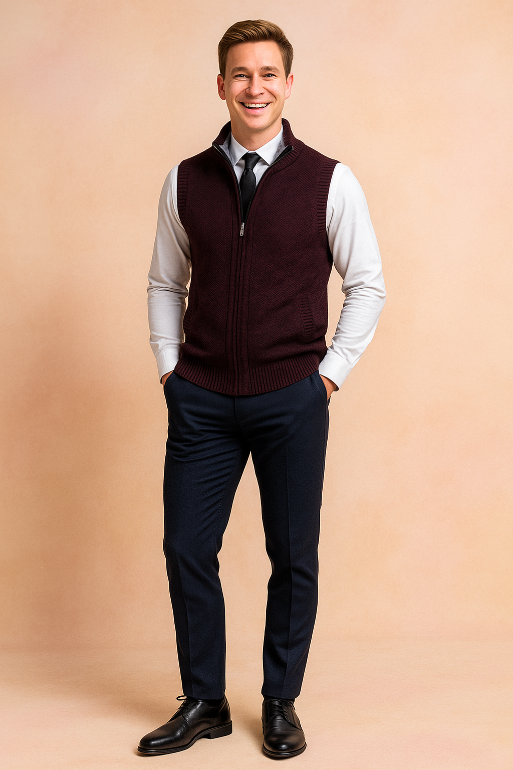 Stylish men's full zip knit vest, perfect for smart casual tailored layering. A versatile piece in men's outerwear.