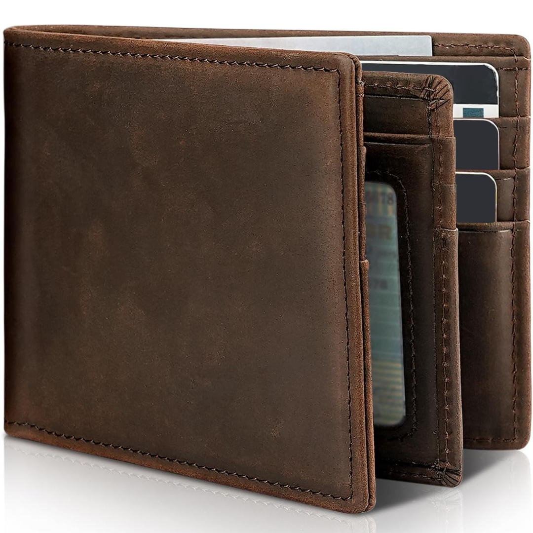 Men's genuine leather bifold wallet with RFID protection, perfect for everyday security & style.
