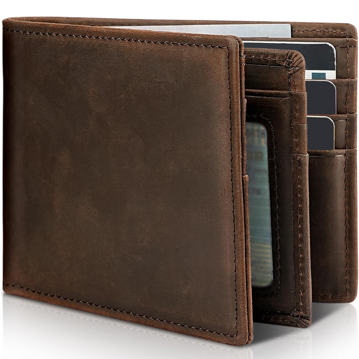 Men's genuine leather bifold wallet with RFID protection, perfect for everyday security & style.