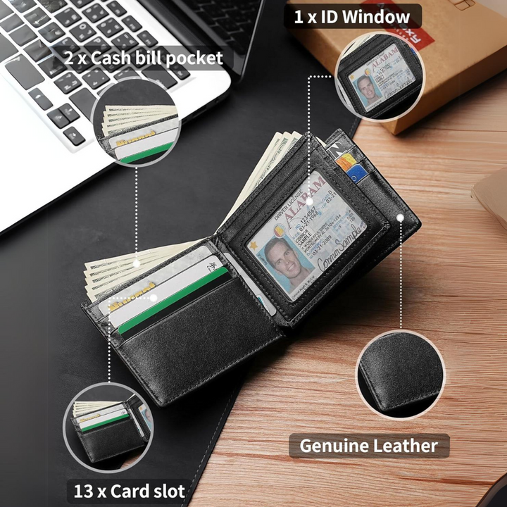 Practical men's bifold wallet, genuine leather, with RFID blocking for secure card and cash storage.