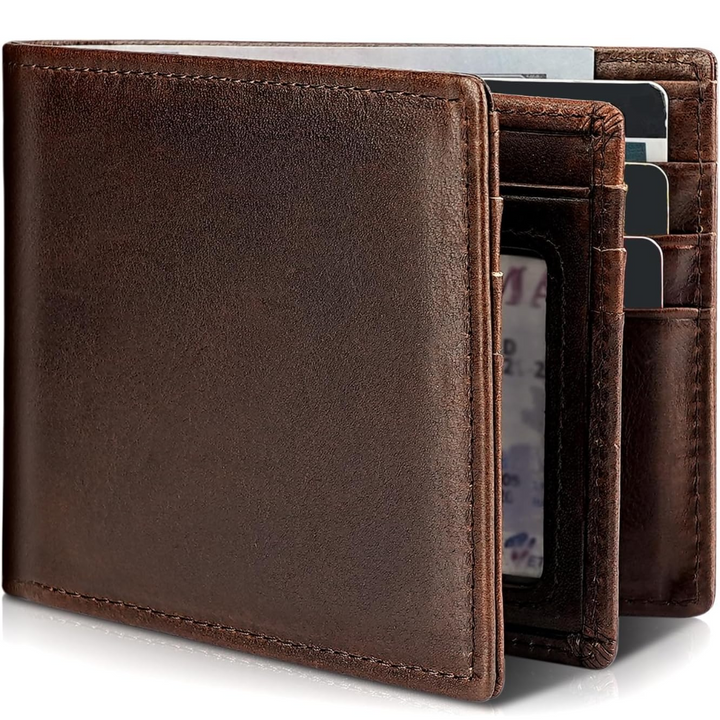 High-quality genuine leather bifold wallet for men, featuring essential RFID blocking technology.