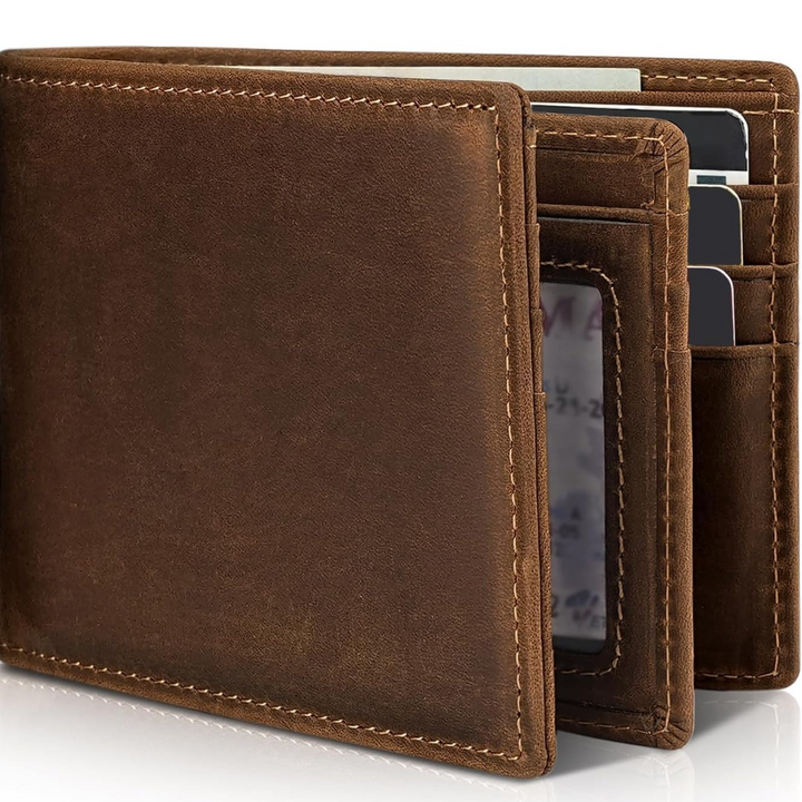 Slim men's leather bifold wallet, RFID protected, ideal for cards & cash. A secure everyday carry.