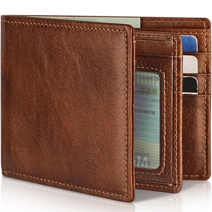 Secure men's travel bifold wallet made from genuine leather with advanced RFID protection.