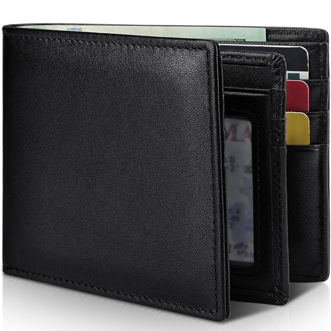 RFID blocking men's bifold wallet in genuine leather, designed for secure card organization.