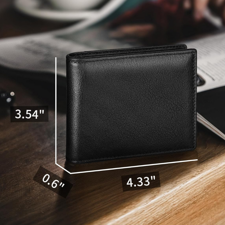 Everyday carry men's slim leather bifold wallet, providing essential RFID security & storage.