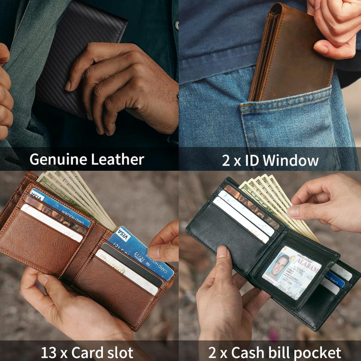 Durable genuine leather men's bifold wallet with built-in RFID blocking for ultimate card security.
