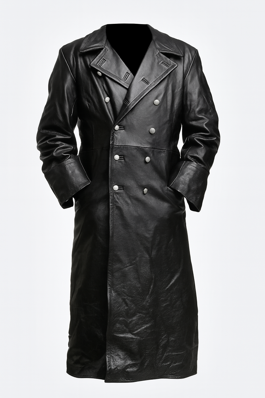 Men's Gothic WW2 style double-breasted trench coat. Vintage inspired military outerwear for winter fashion.