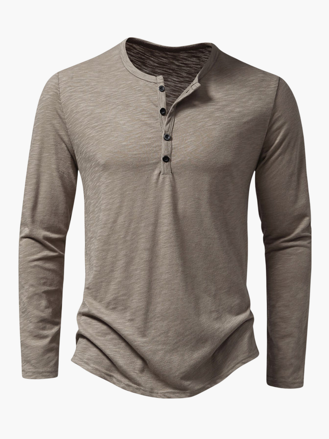 Close-up of button detail on a men's Henley long sleeve t-shirt. Highlights quality & casual stylish design for comfort.