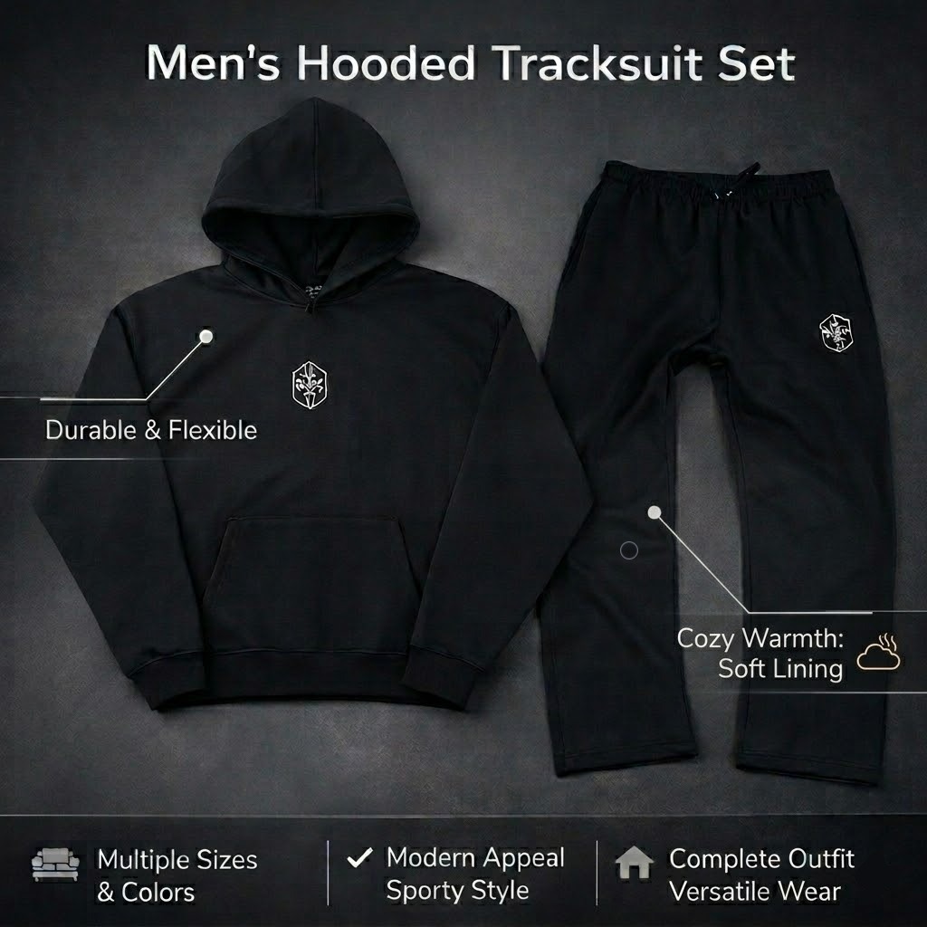 Relaxed fit men's full body hooded tracksuit, a comfortable choice for casual wear & fall apparel.