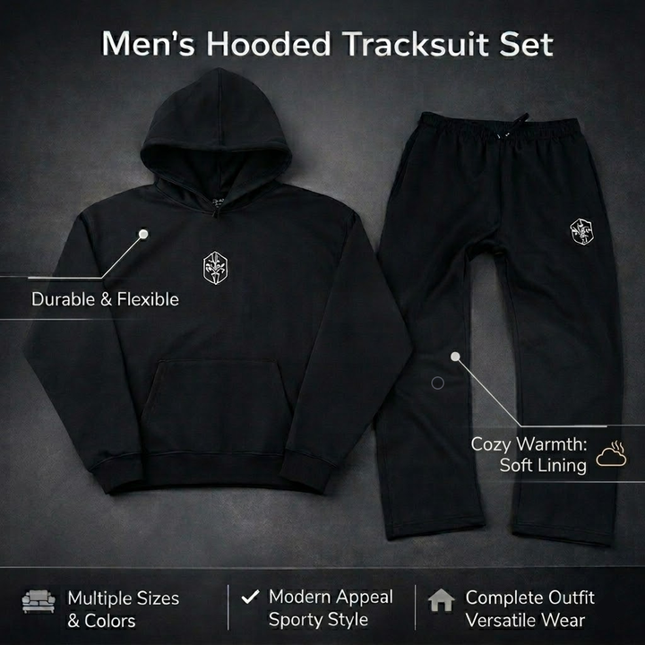 Relaxed fit men's full body hooded tracksuit, a comfortable choice for casual wear & fall apparel.