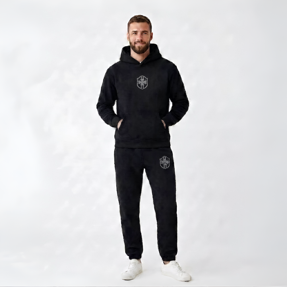 Athletic-inspired men's full body hooded tracksuit, versatile for active lounging or comfy sleepwear.