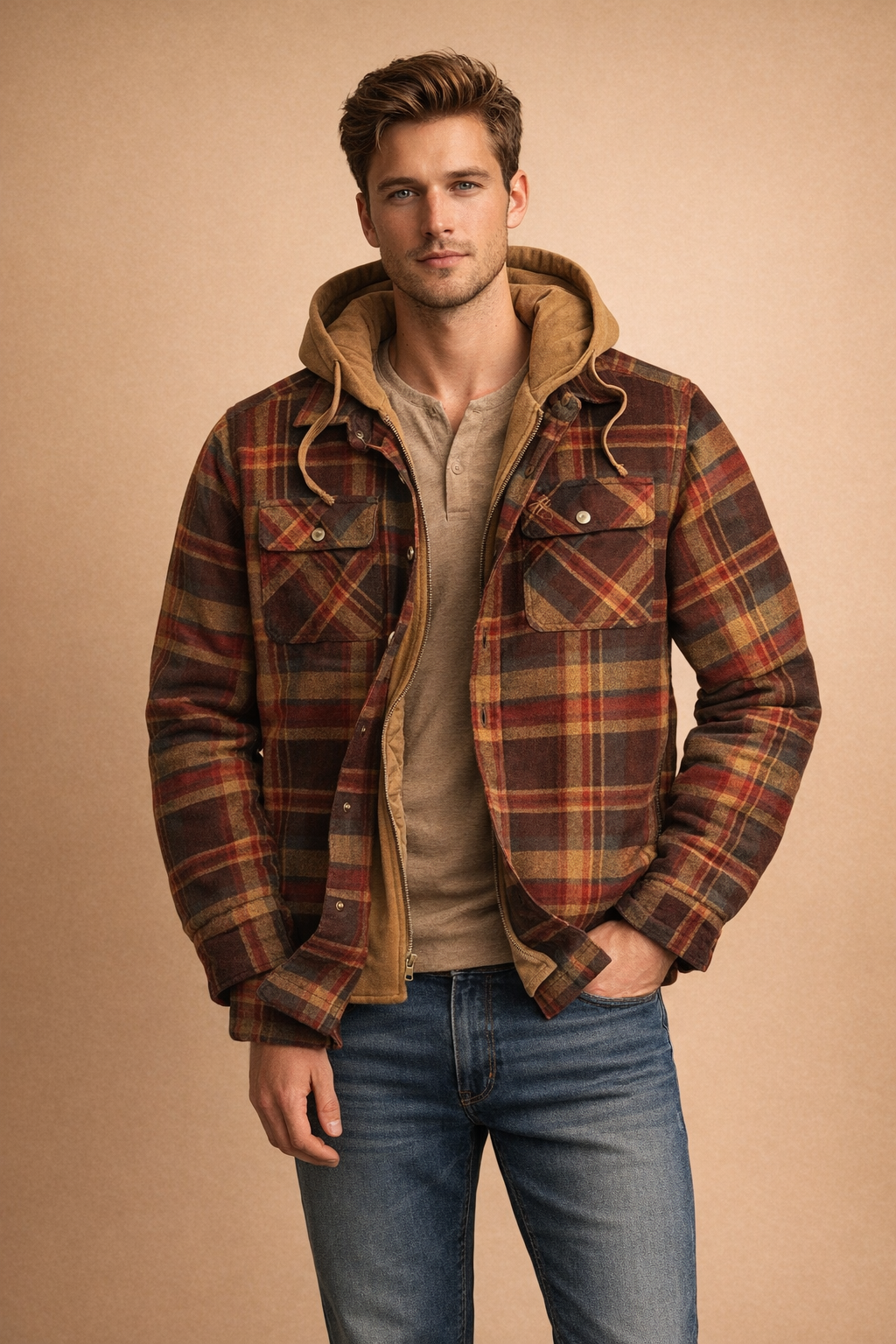 Stylish men's hooded jacket, perfect casual outerwear with front closure & modern fit, all-season comfort.