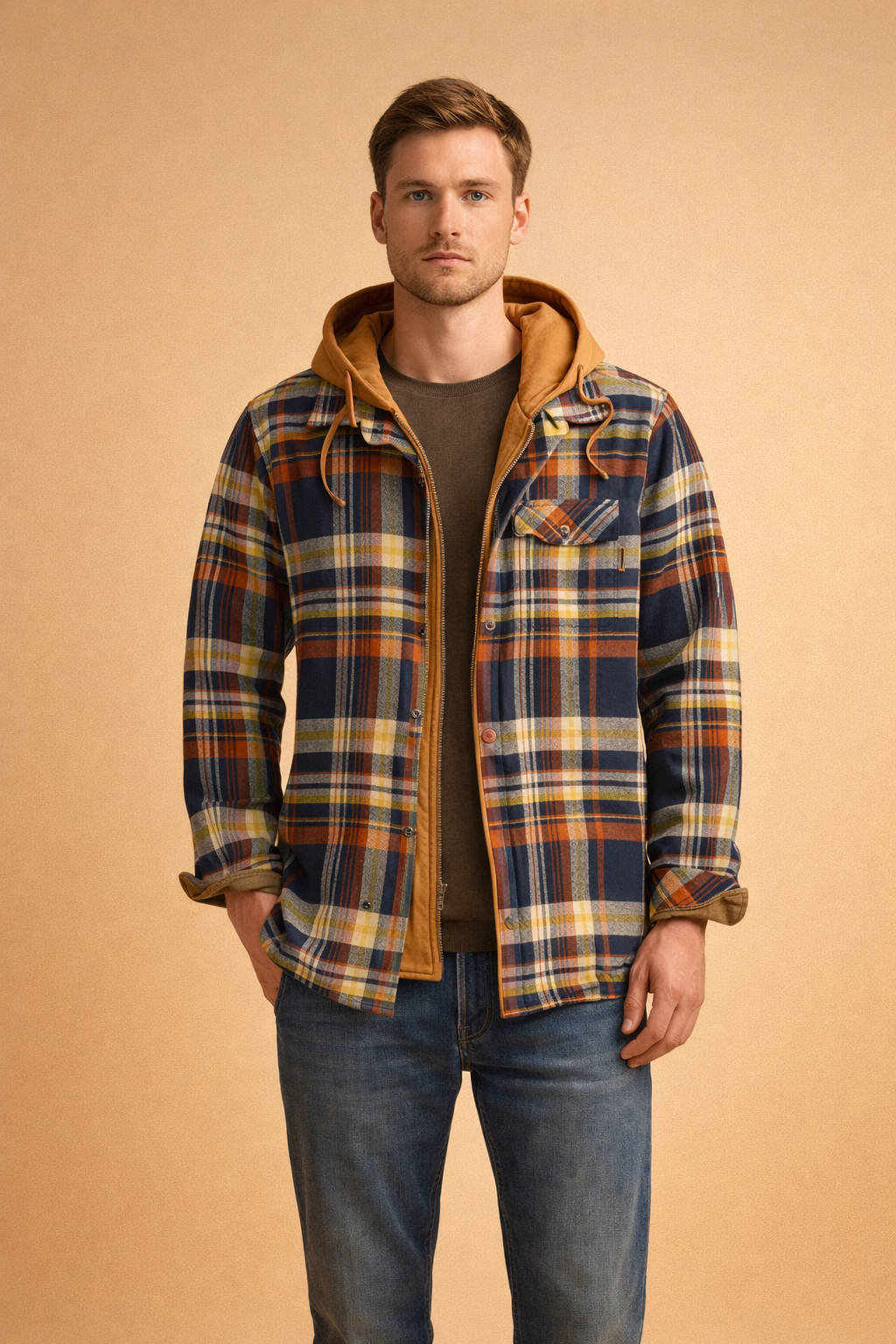 Comfortable all-season men's hooded jacket featuring a convenient front closure & versatile modern fit.