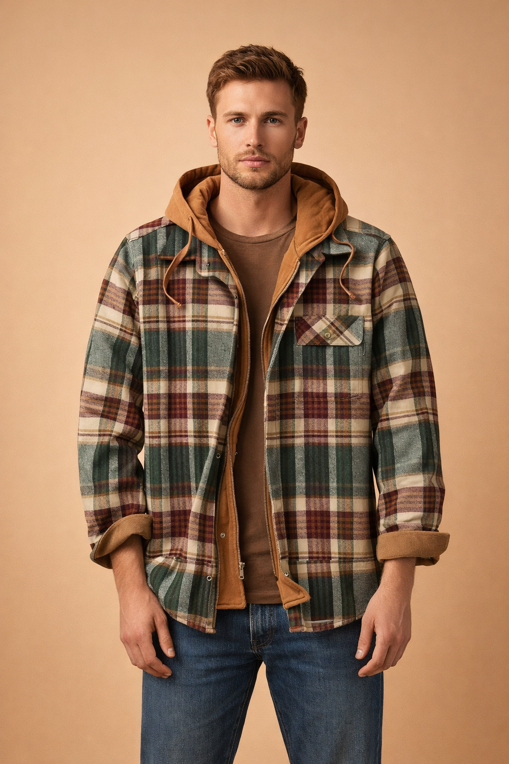 Modern fit men's hooded jacket, front closure, ideal for stylish everyday casual outerwear & comfort.