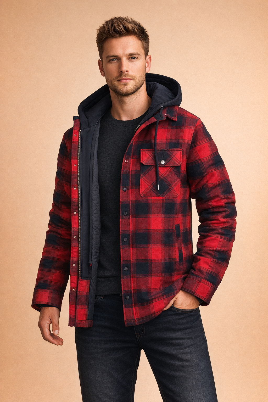Fashionable men's hooded jacket, versatile casual outerwear with front closure for all-season wear.