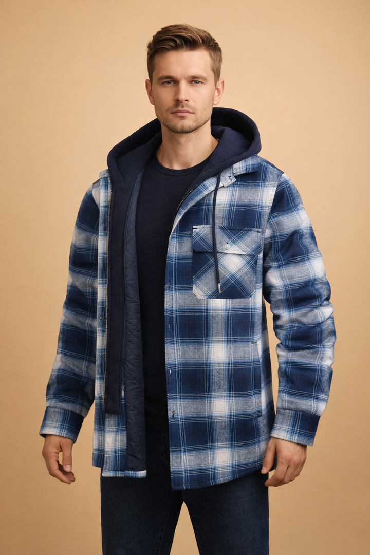 Everyday men's hooded jacket, comfortable and stylish, front closure, modern fit casual outerwear.