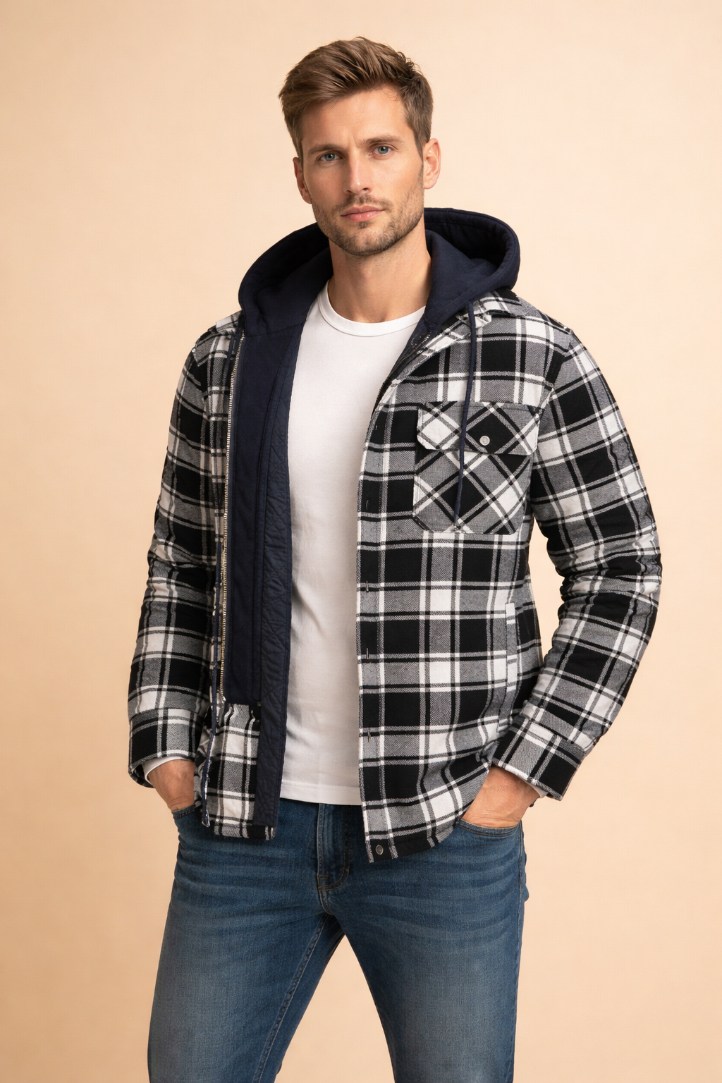 All-season men's hooded jacket, front closure, versatile style, ideal for casual and modern fashion.