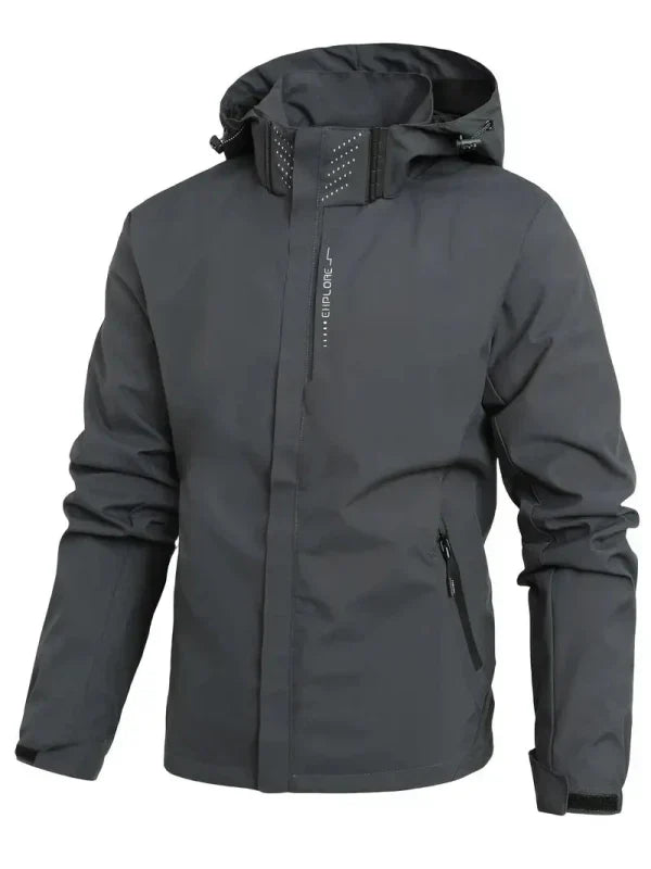 Men's hooded rain jacket with zip & pockets, ideal for outdoor activities & activewear.