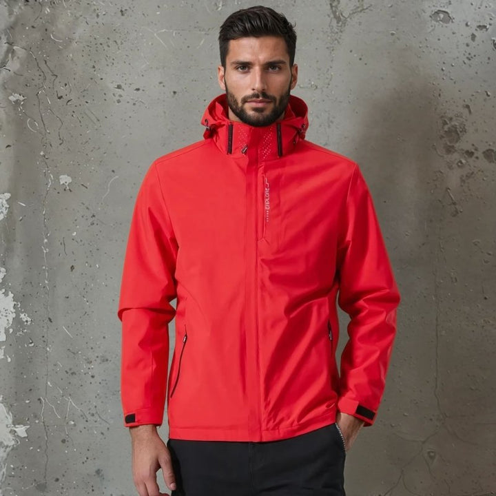 Lightweight & packable men's hooded rain jacket, perfect for travel, hiking & unexpected weather.