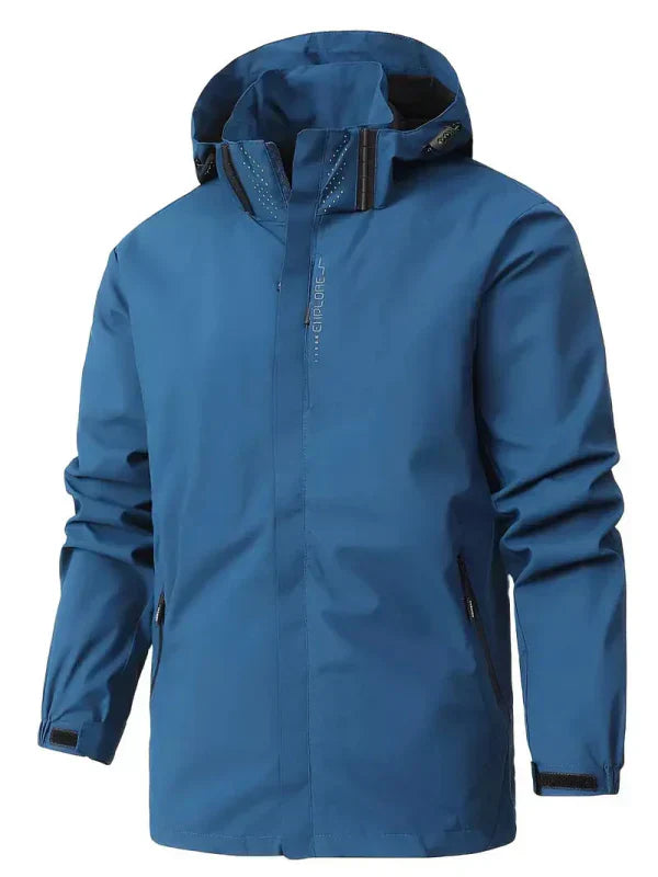 Water-resistant men's outdoor jacket with zipper & hood, ensuring you stay dry on trails or city streets.