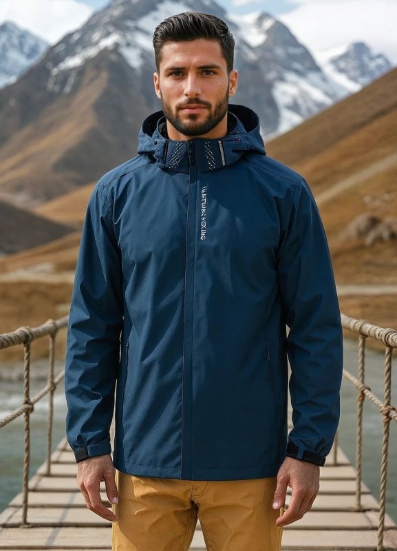 Windproof men's hooded jacket with reflective details, enhancing safety during low-light commutes.
