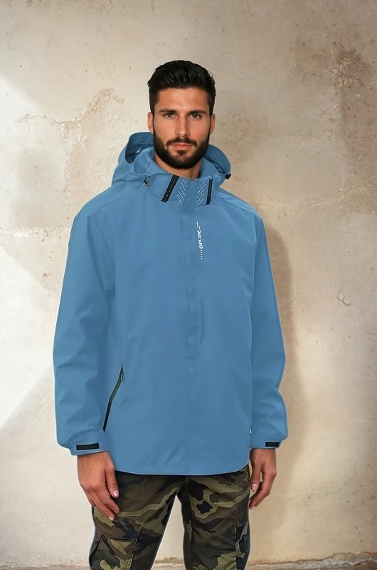 Versatile men's all-season rain jacket, featuring durable construction & practical pockets for active use.