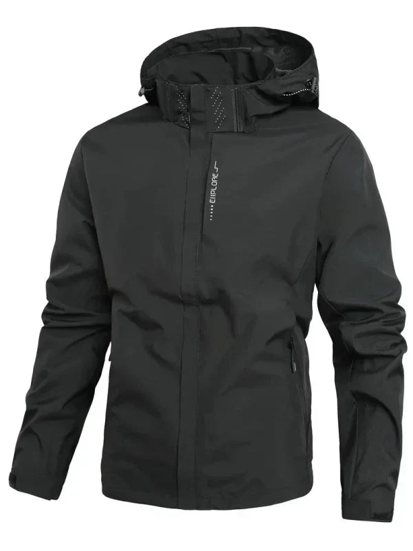 Durable men's activewear rain jacket, full-zip hooded design for comfort & protection in any weather.