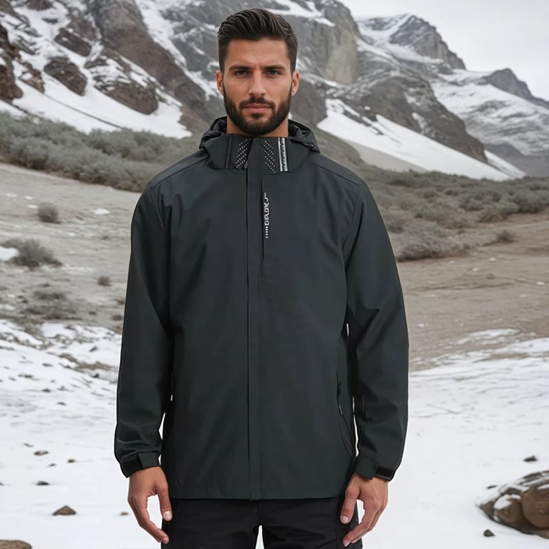 Front view of men's hooded rain jacket with prominent zipper & spacious pockets.