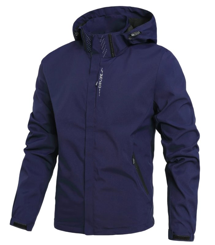 Back view of men's windproof hooded rain jacket, designed for freedom of movement during outdoor activities.