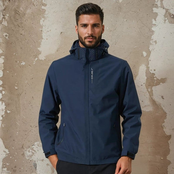 Side profile of men's water-resistant rain jacket, ideal for hiking, commuting & everyday outdoor use.