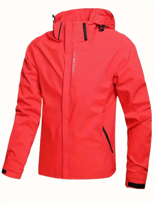 Close-up of the hood on a men's all-season rain jacket, offering extra protection from wind & rain.