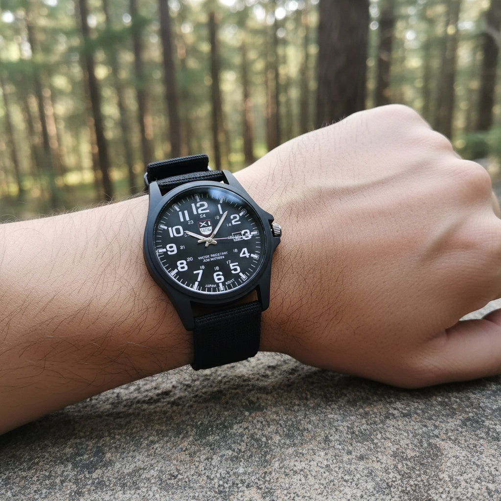 Men's illuminated tactical watch, durable & waterproof, ideal for outdoor adventure.