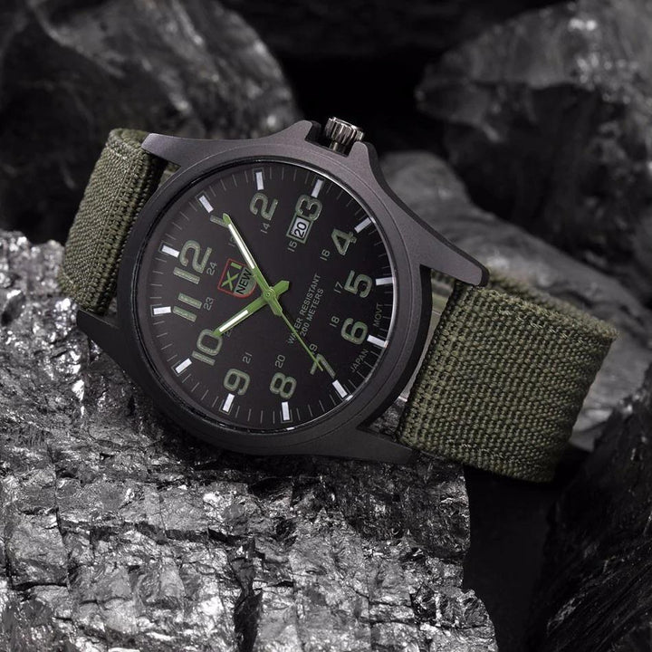 Adventure men's watch, illuminated, durable, waterproof tactical timepiece.