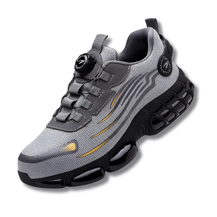 Stylish athletic men's safety sneakers. Features steel toe, durable puncture resistance, and non-slip sole for work.