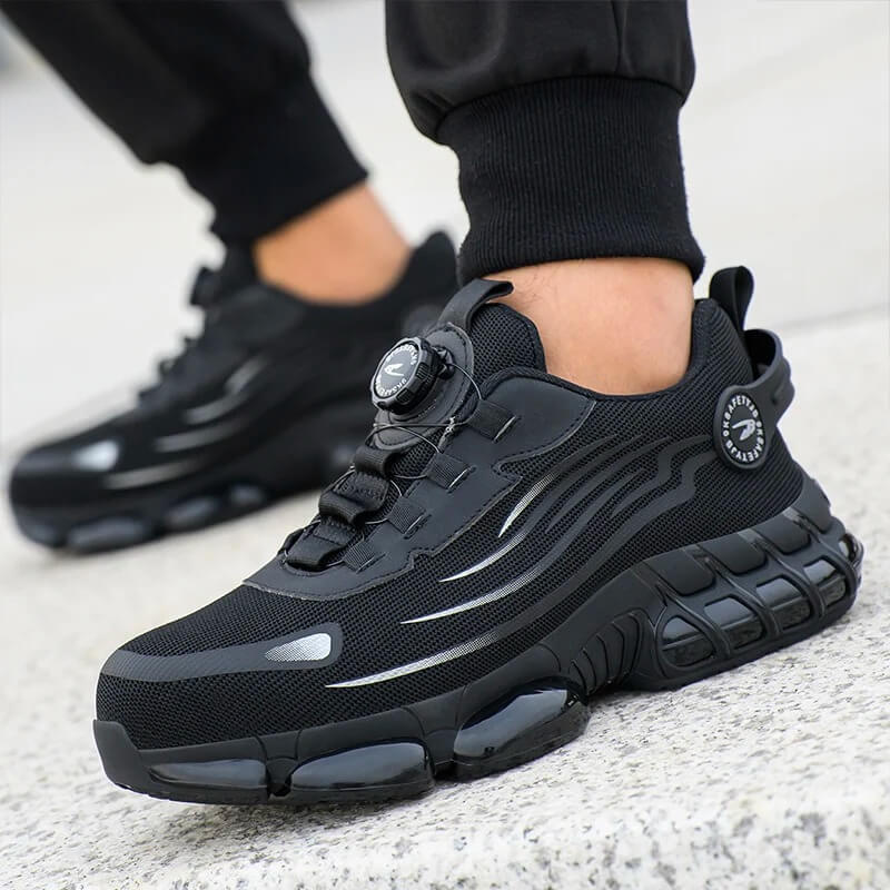 Comfortable men's work shoes. Indestructible safety sneakers with steel toe, non-slip, and durable protection.