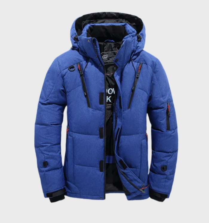 Stylish men's insulated winter parka jacket, waterproof & windproof outerwear for extreme cold protection.